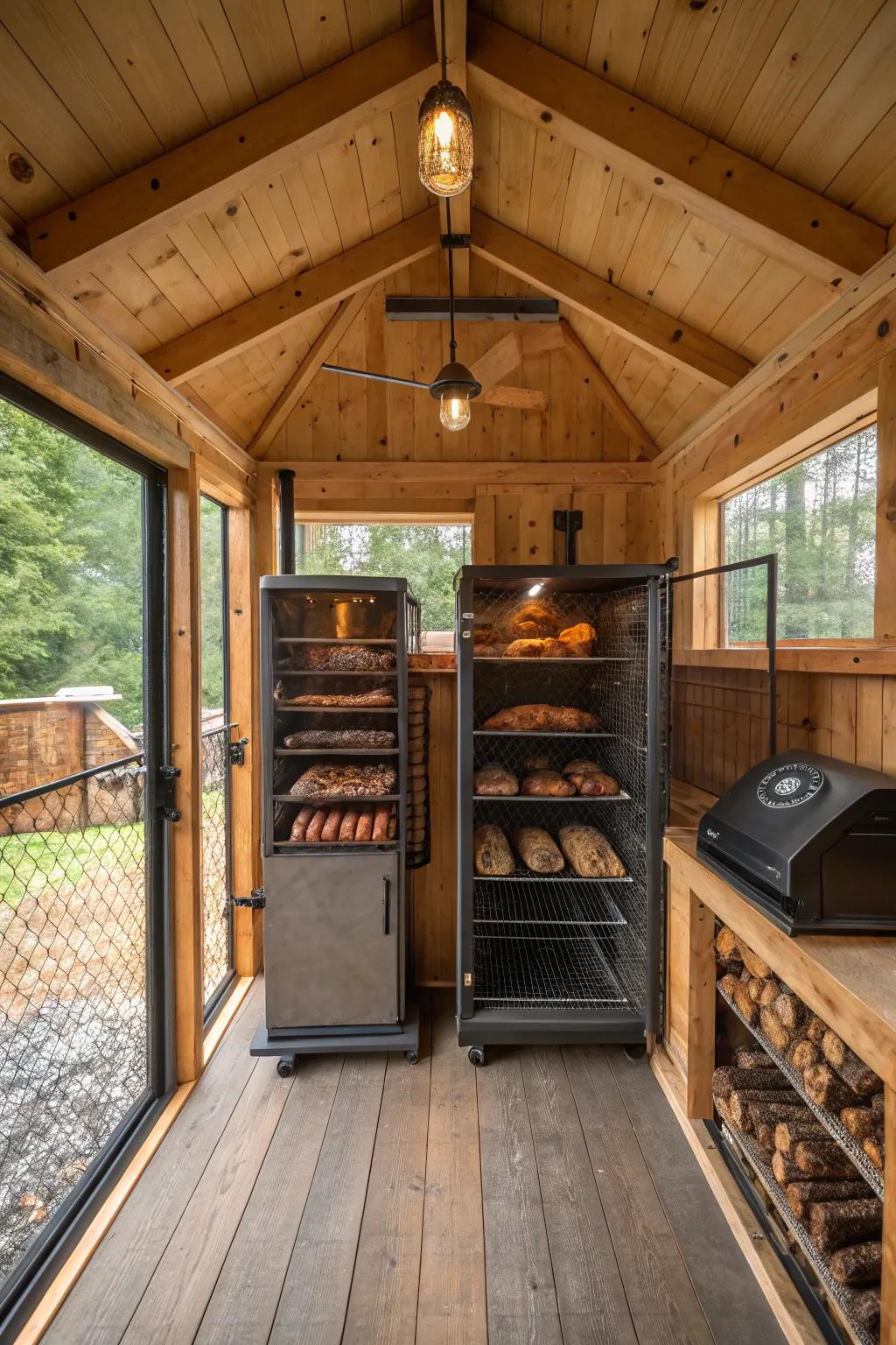 A roomy smokehouse ready for large batches of meat.