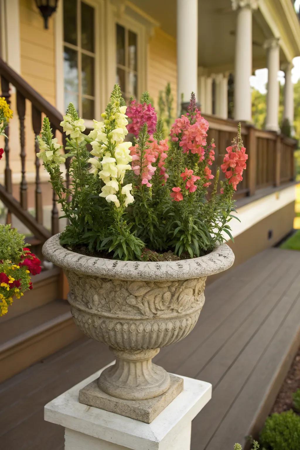 Elegant stone urn showcasing snapdragons, ideal for a classic garden entrance.