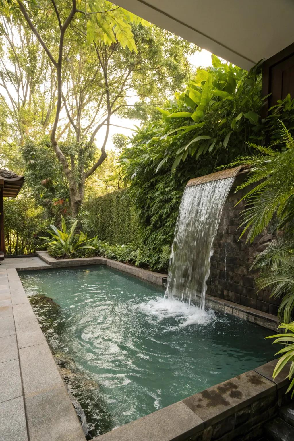 A soak pool enhanced by a calming waterfall feature.