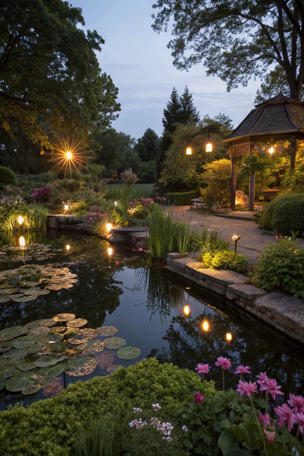 Add a magical glow to your water features with solar lighting.
