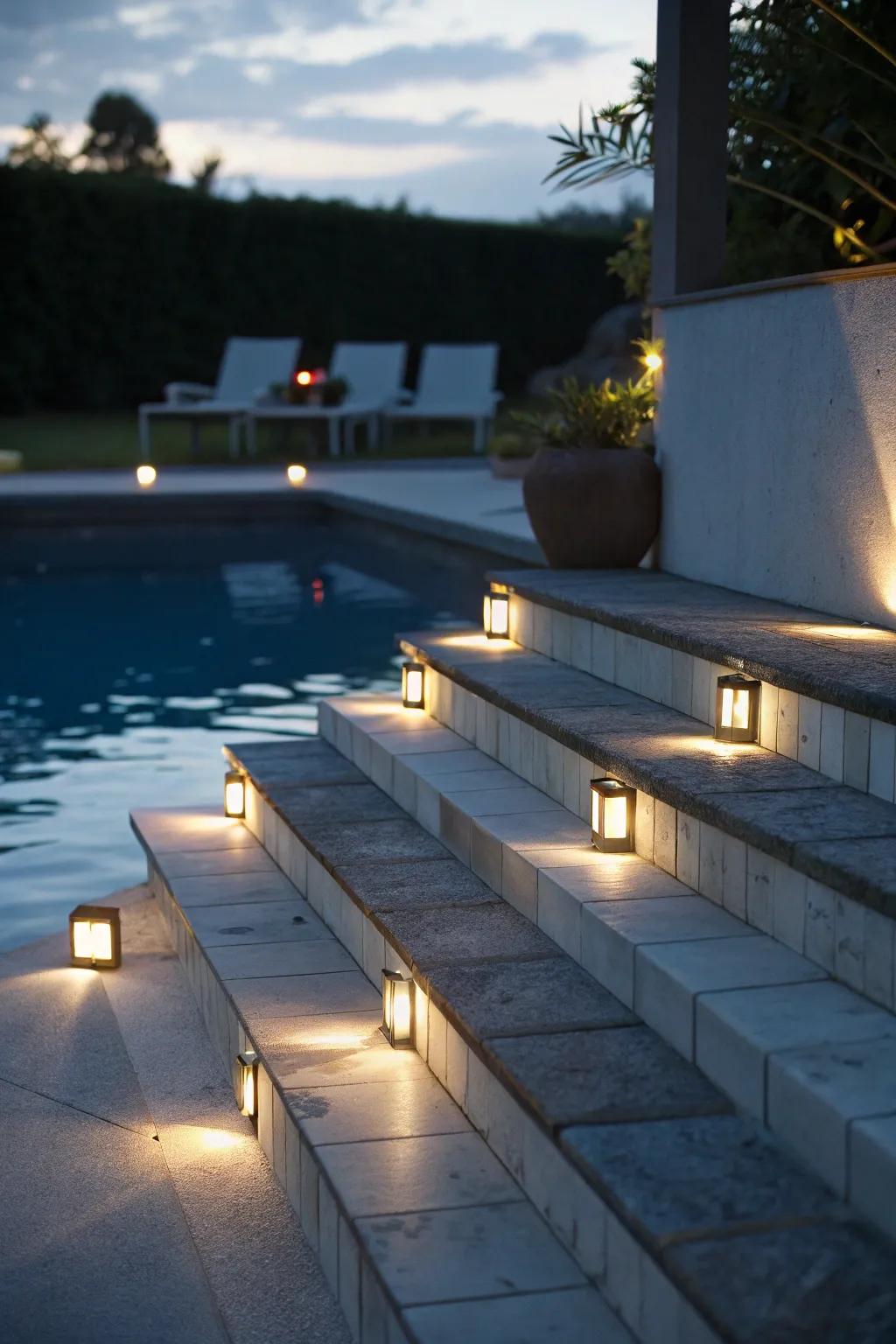 Solar step lights offer safe and elegant pool access
