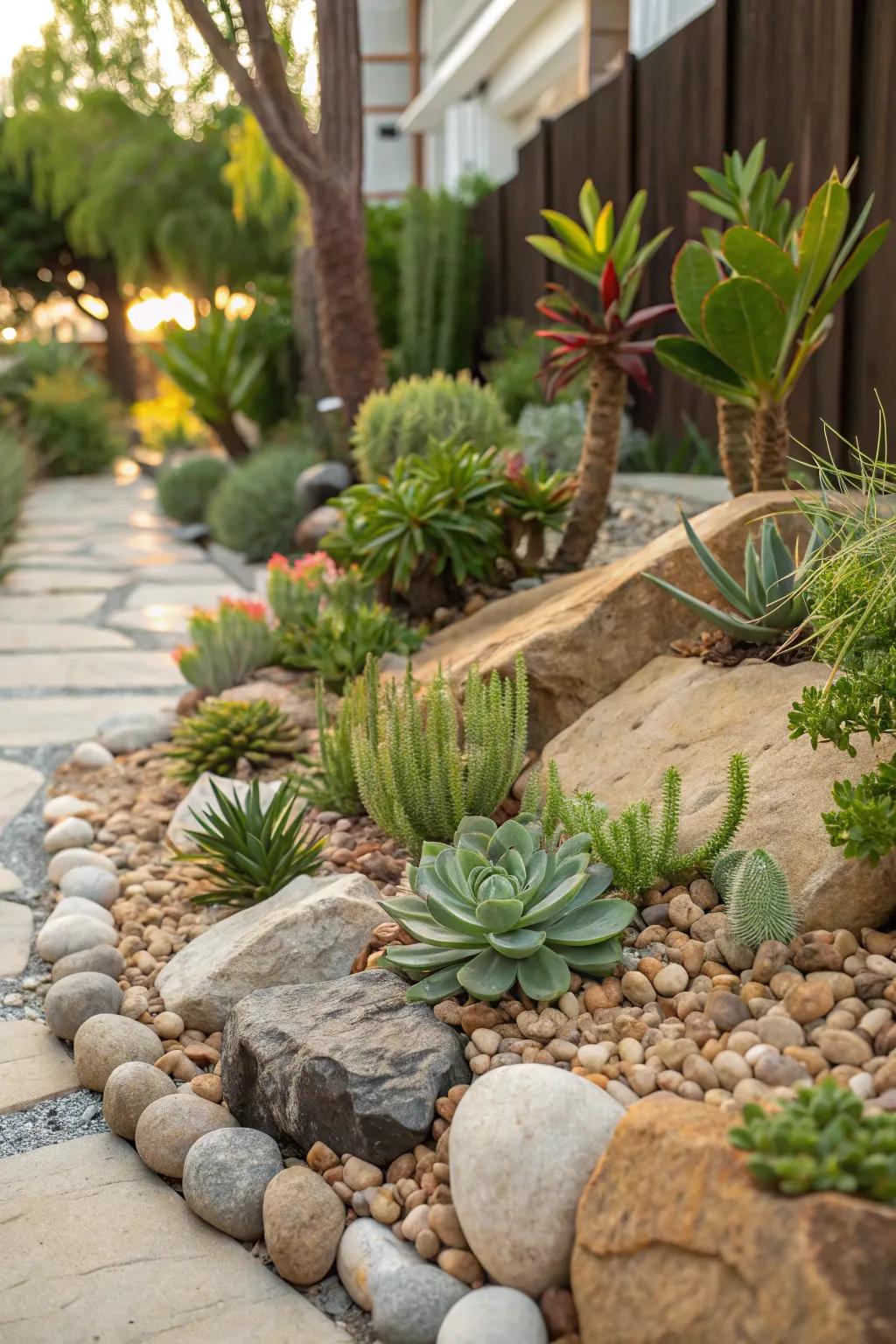 A rock garden with succulents offers a stunning, low-maintenance feature.