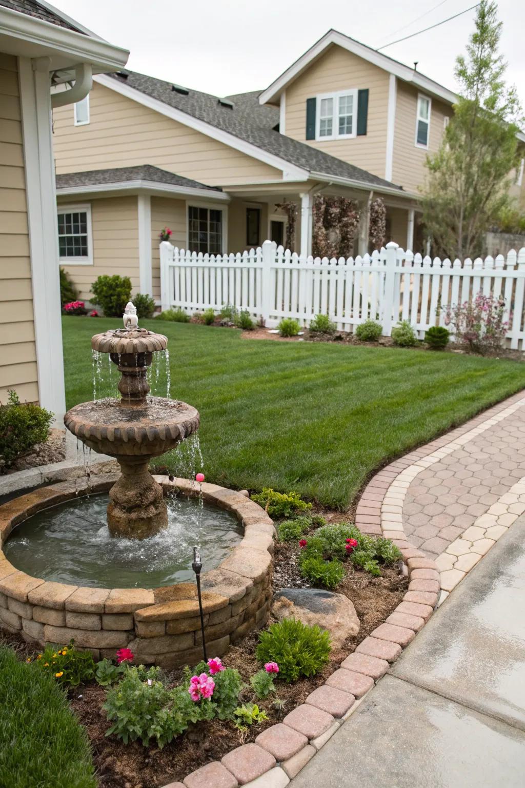 A tranquil water feature adding peace to a Southern front yard.