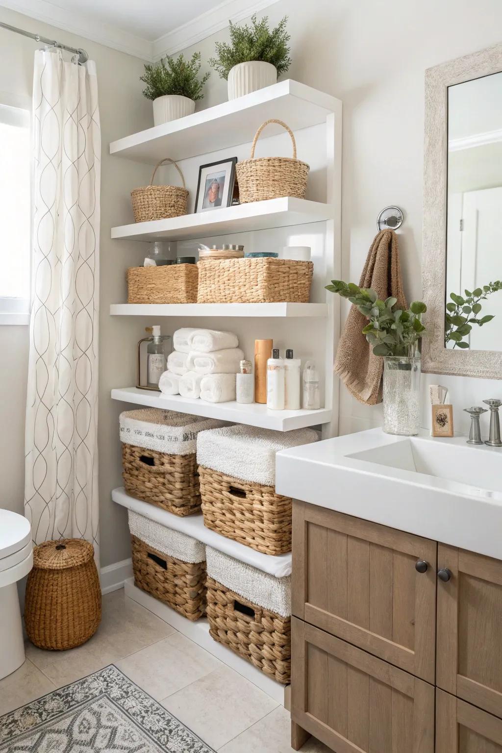 Elegant storage solutions keep your spa bathroom organized and chic.