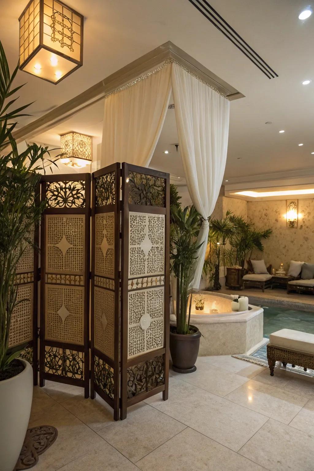 Privacy partitions help create intimate and peaceful spaces.