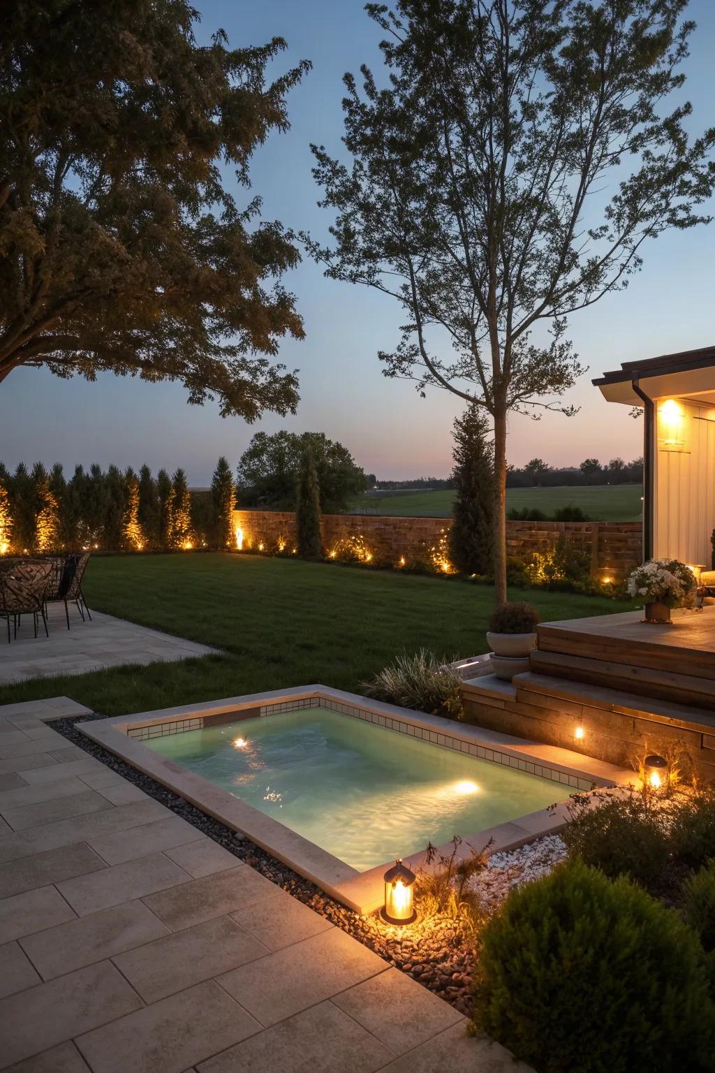Soft lighting transforms the spa area at night.