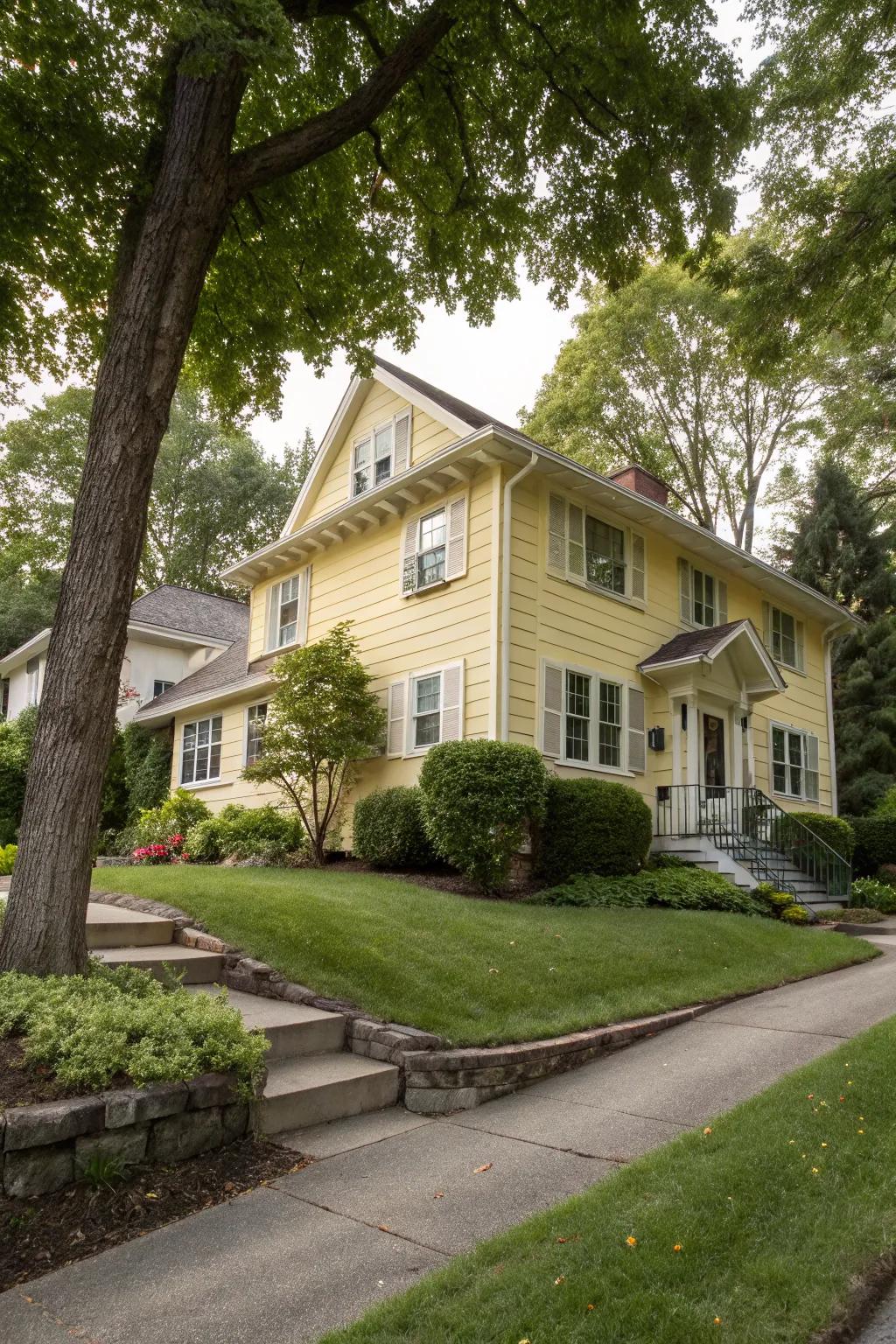 Retro-inspired soft yellow brings a playful nostalgia to this split-level home.