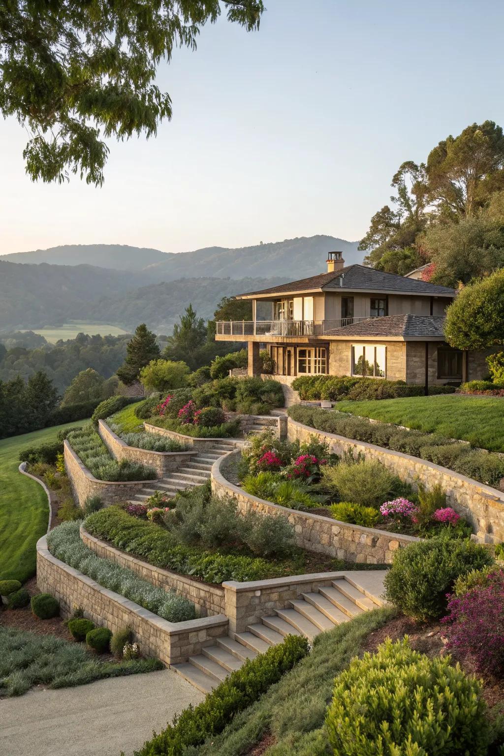 Layered landscaping complements the tiered structure of this split-level home.