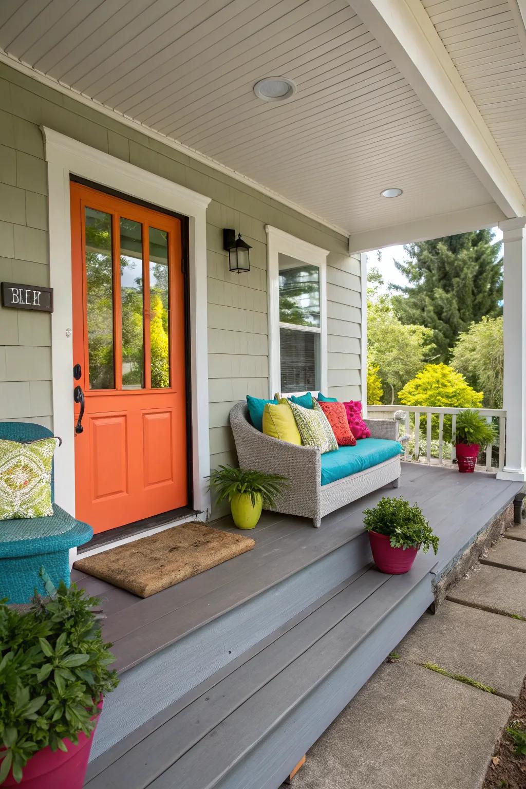 Bold colors add personality and vibrancy to this front porch.