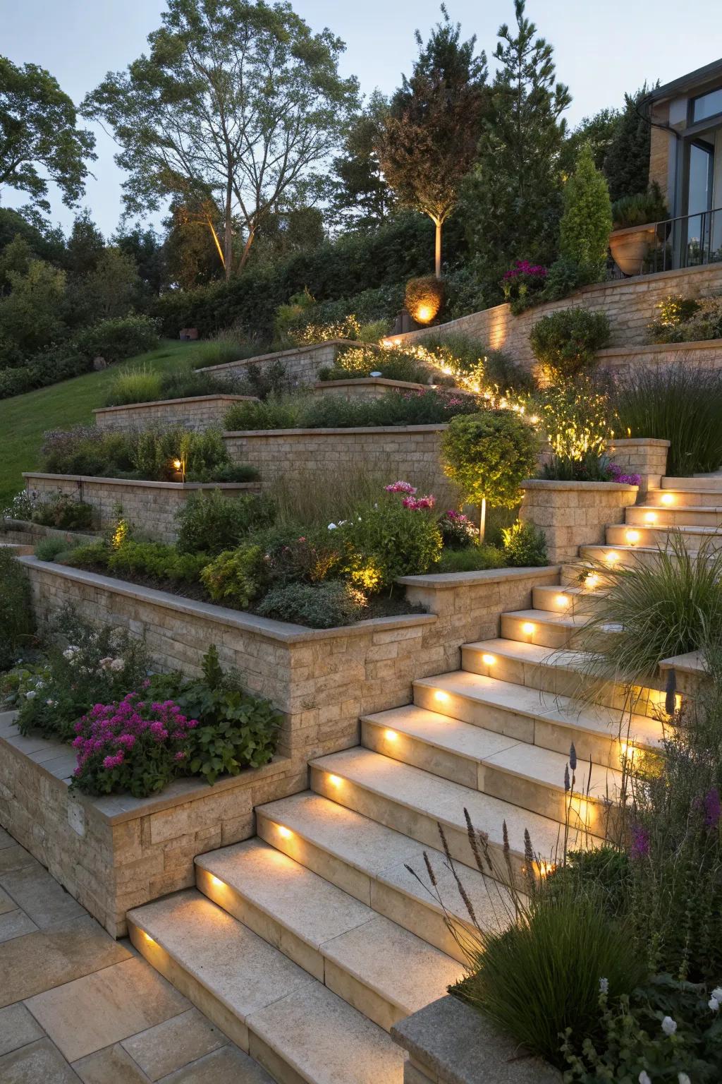 Layered lighting creating ambiance in a split-level garden.