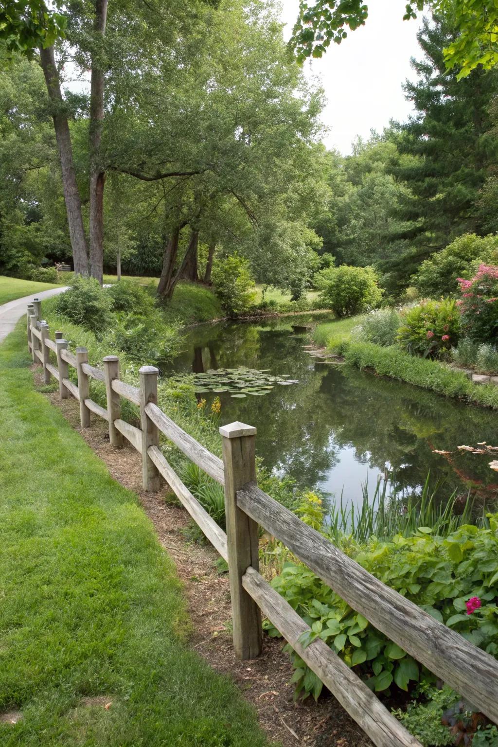 A split rail fence highlights the beauty of this garden pond, enhancing its tranquil atmosphere.