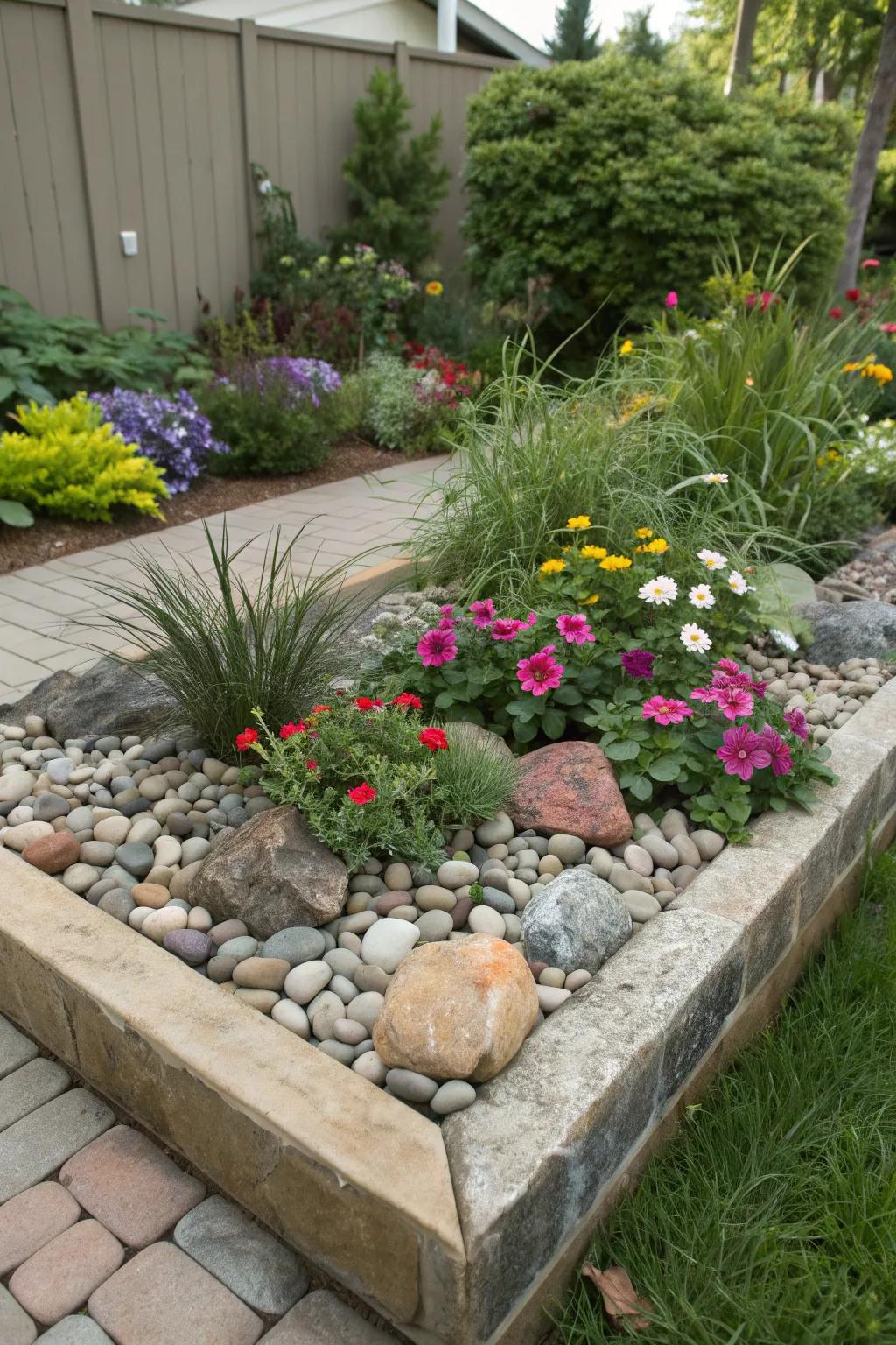 A square flower bed featuring natural materials like rocks and pebbles for added texture.