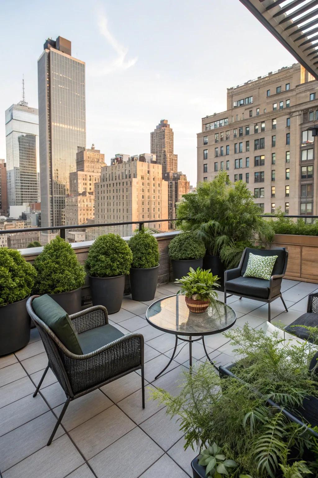 Create a chic rooftop retreat with a square patio.