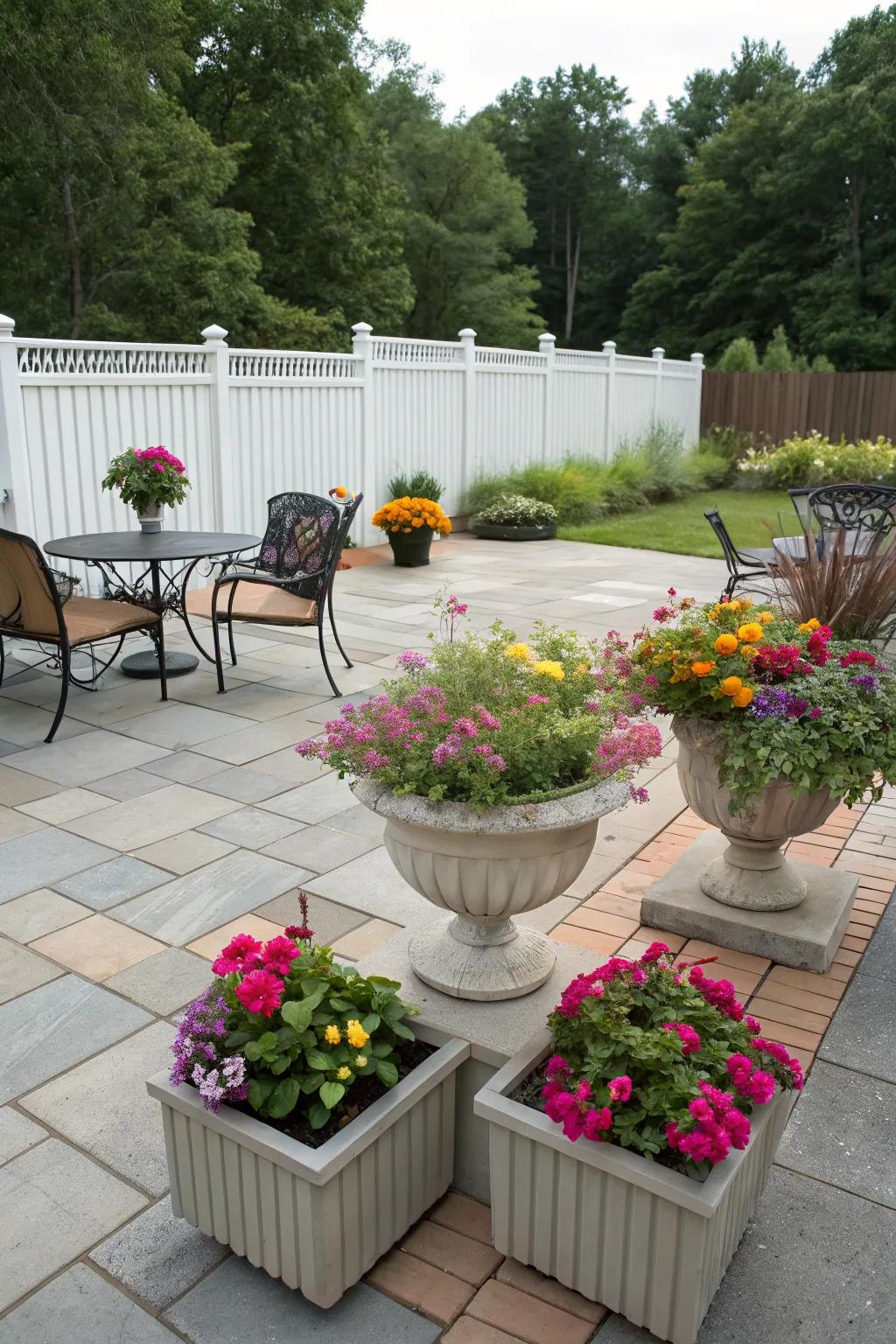 Decorative planters bring color and life to your patio.