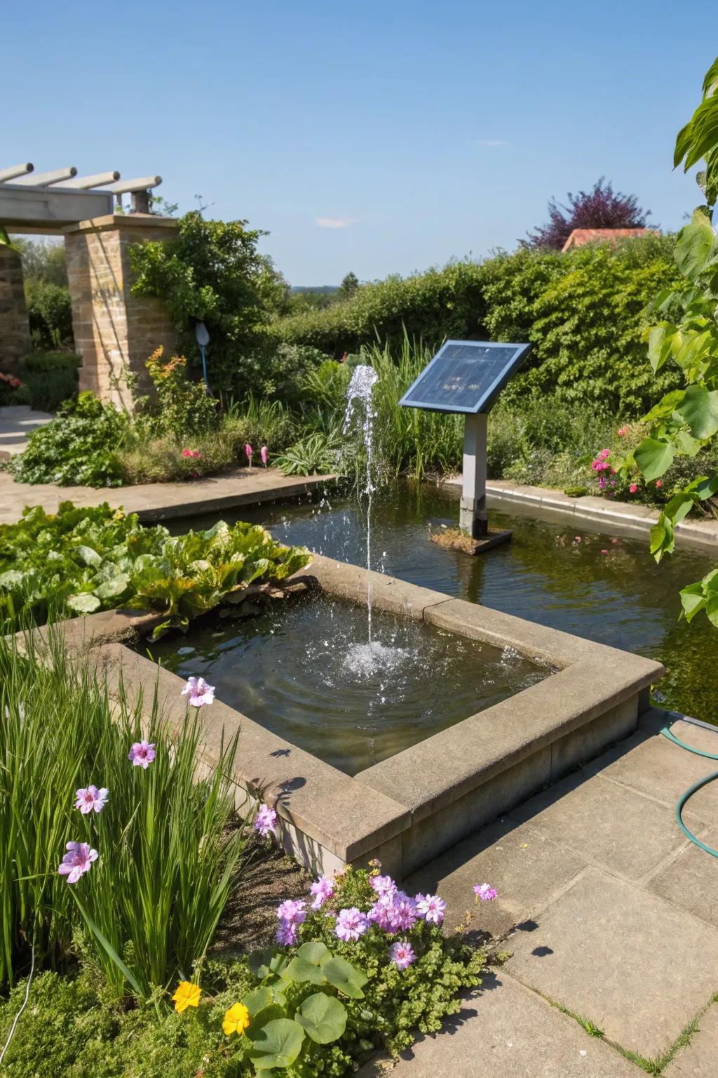 A modern square pond featuring an eco-friendly solar-powered water feature.