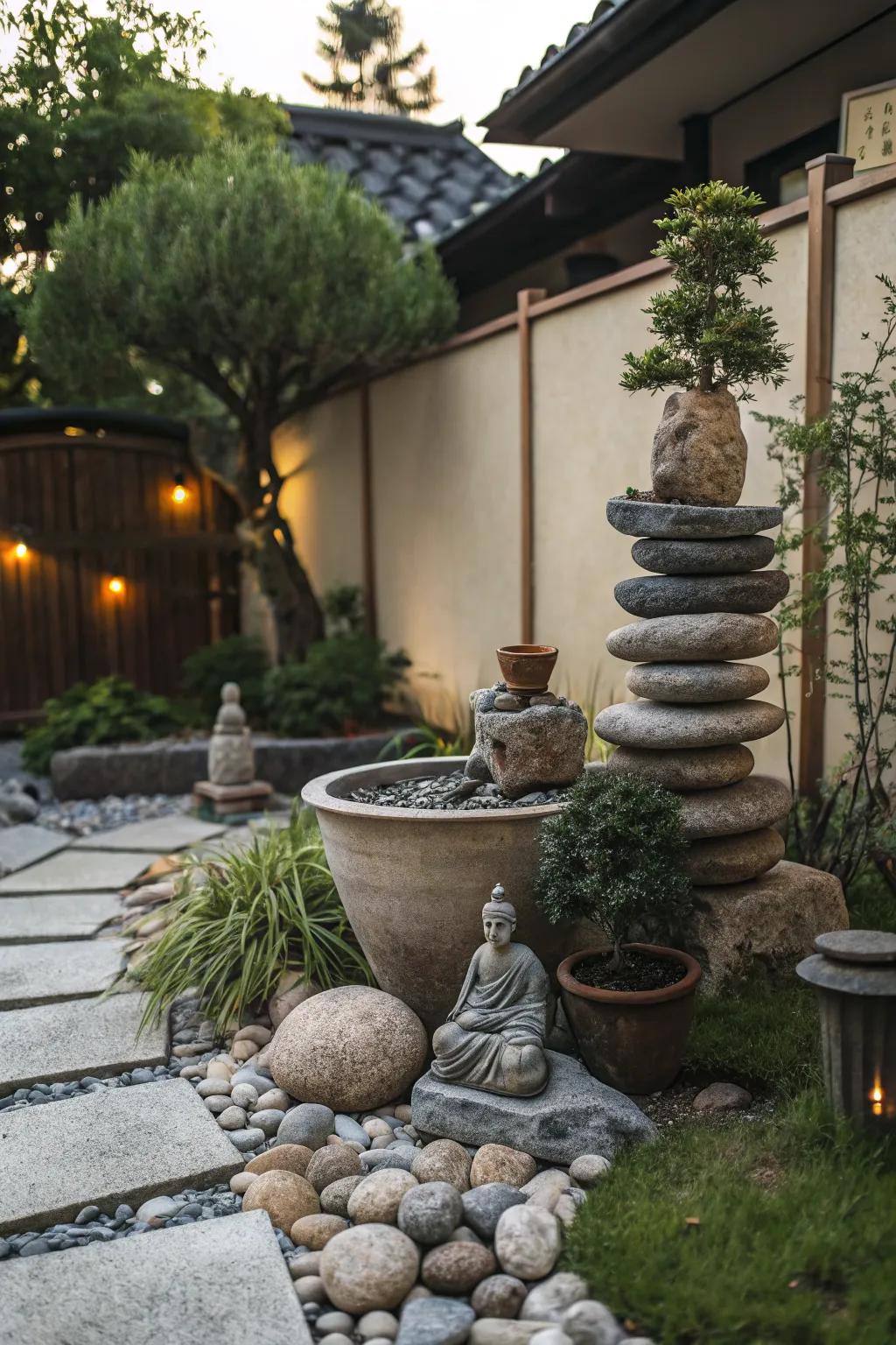 Create Zen vibes with stacked pots and natural elements.