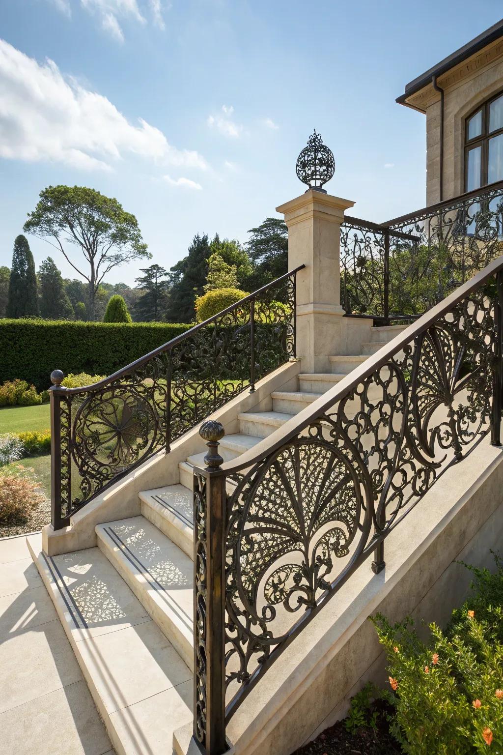 Artistic railings add a unique and personal touch to outdoor stairs.