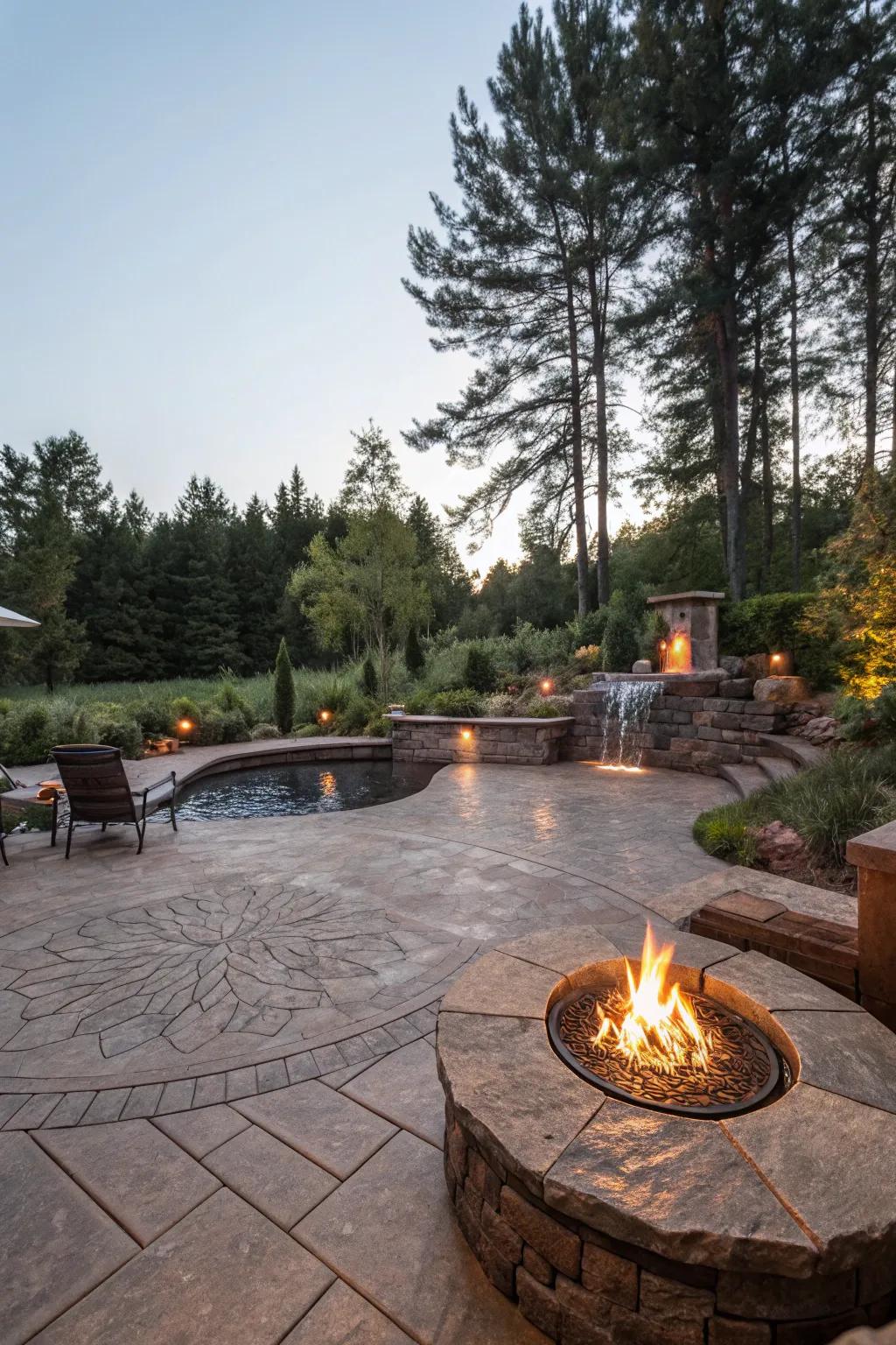 The combination of fire and water elements adds drama to any patio.