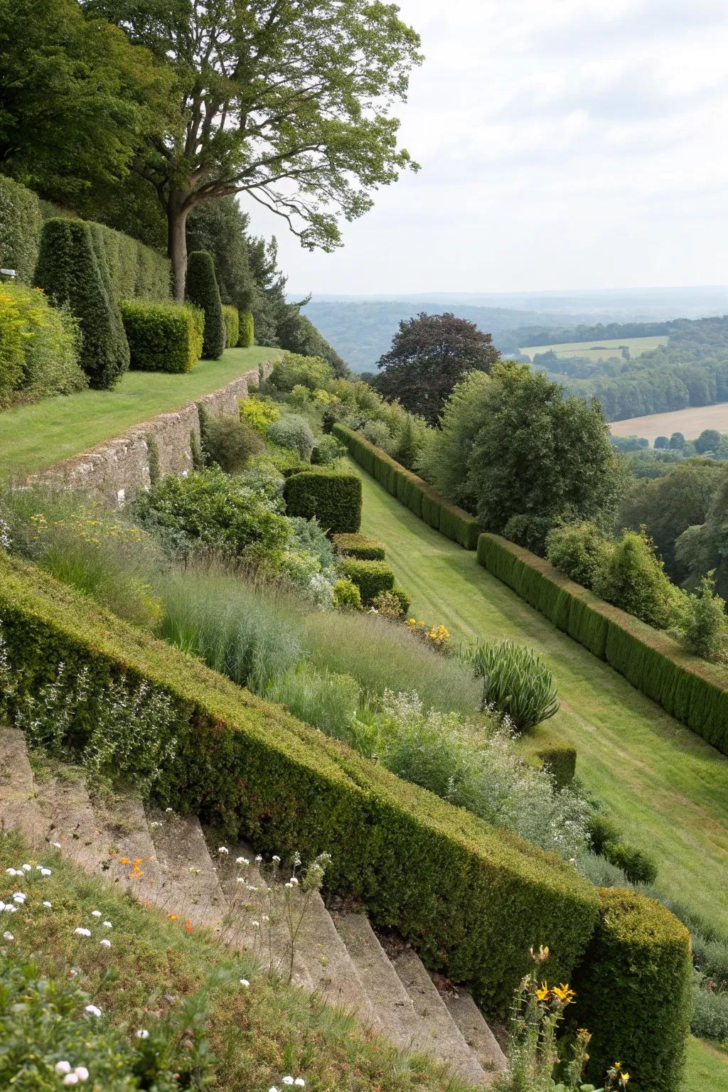 Hedges and shrubs providing structure and privacy on a slope.