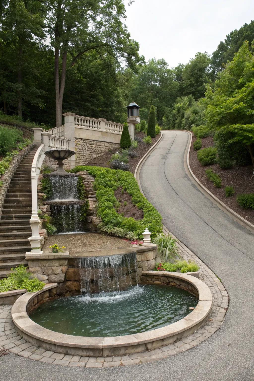 Water features add tranquility and beauty to driveways.