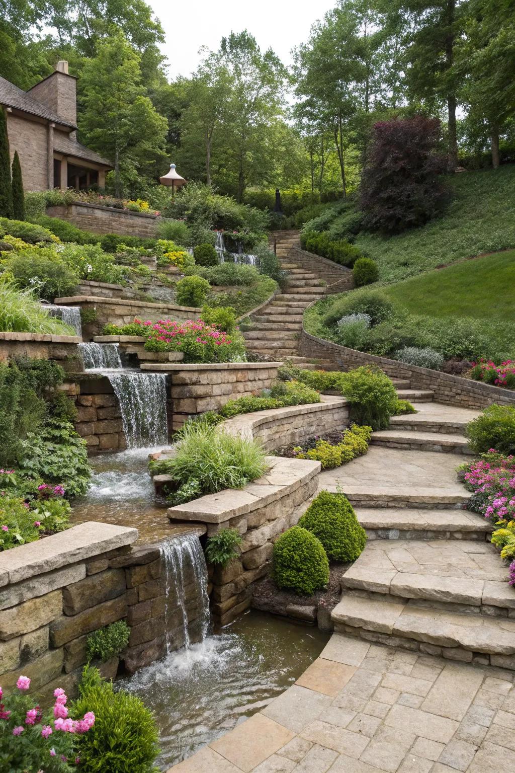 A water feature adds a serene touch to terraced gardens.