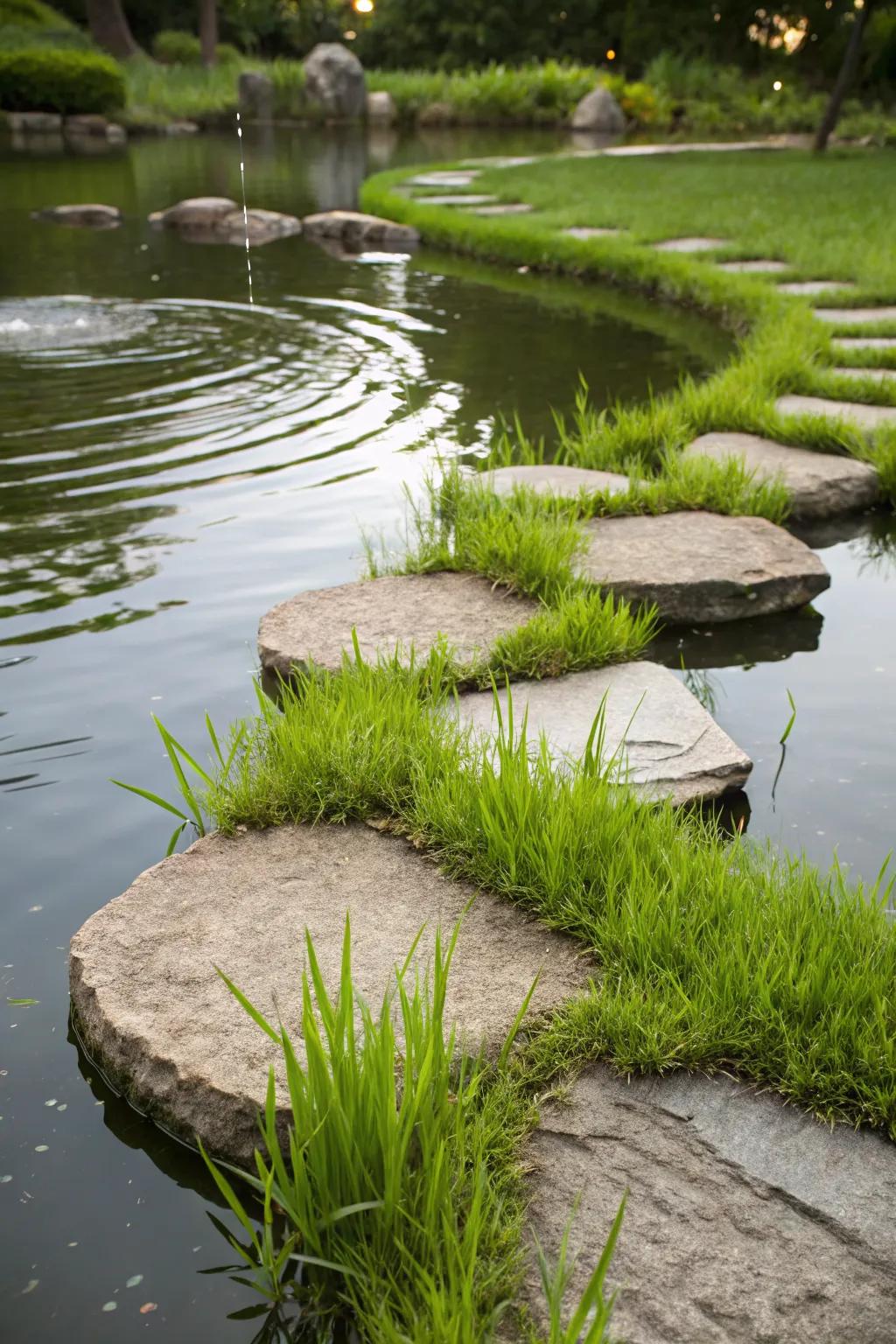 Floating stone pathways offer a magical touch.