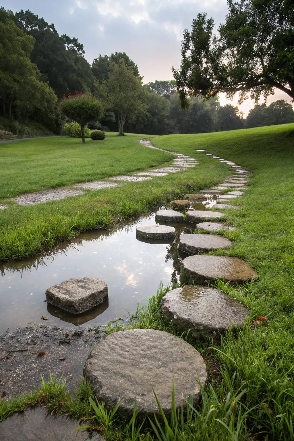 Floating stone illusion created by evenly spaced stones over grass.