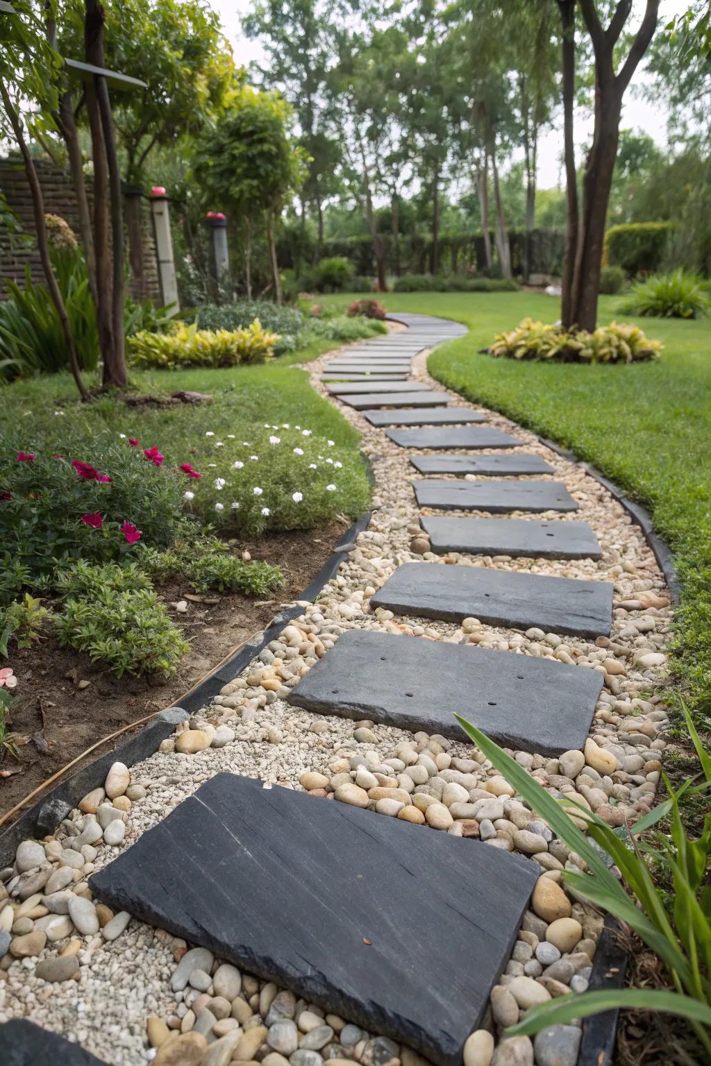 Contrasting colors in a garden path, making the stepping stones stand out