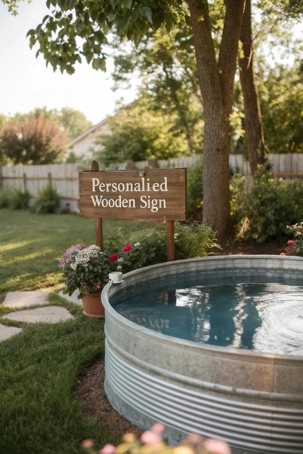 A personalized sign adds character to the pool area.