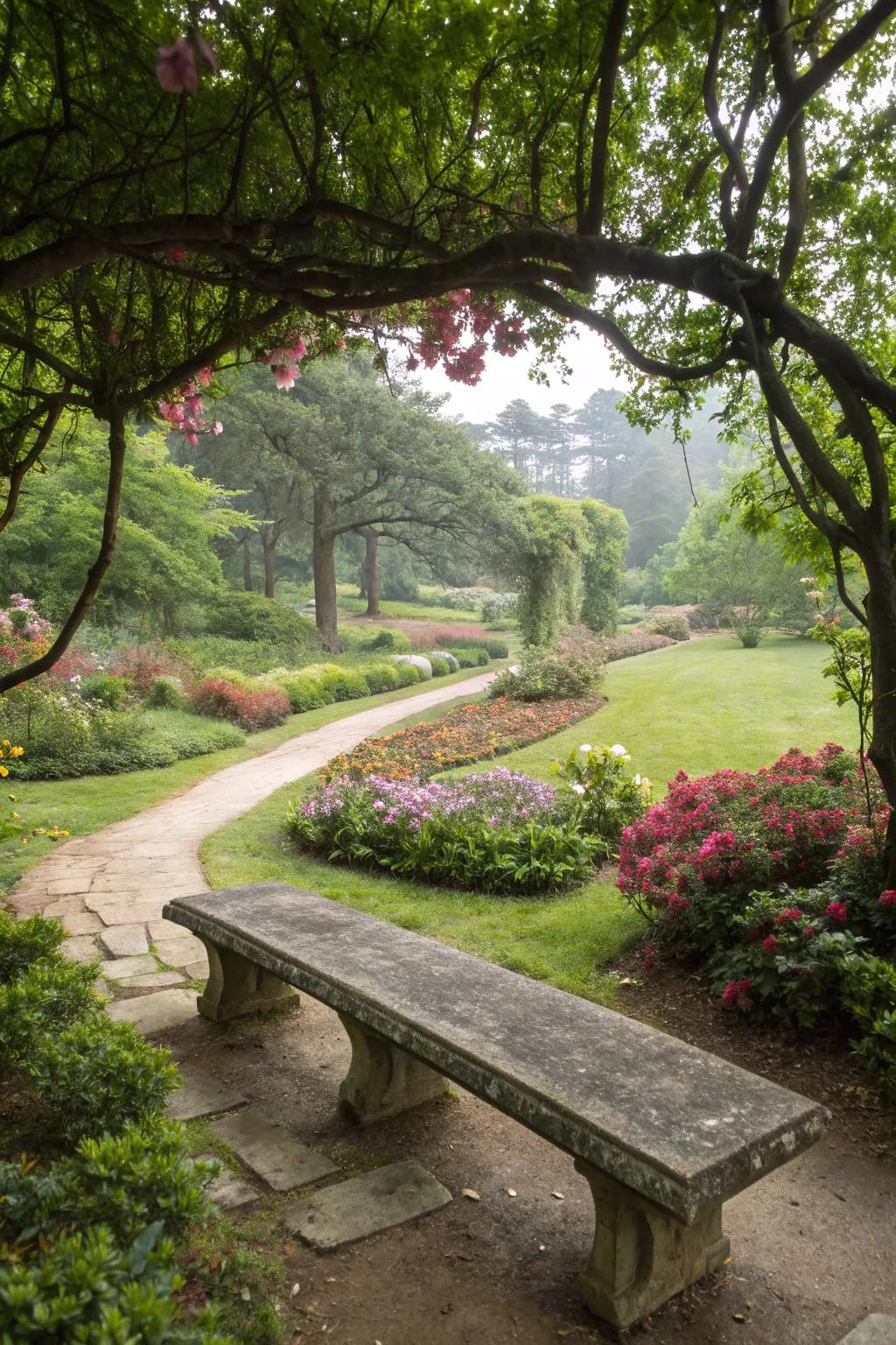 Expansive stone benches create a grand statement in vast spaces.