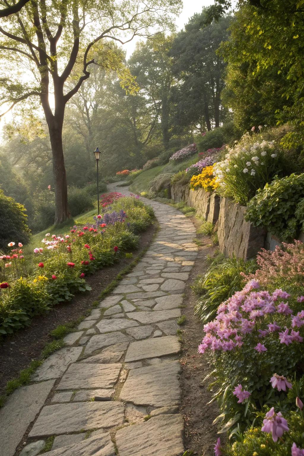 Stone pathways invite exploration and add structure to gardens.