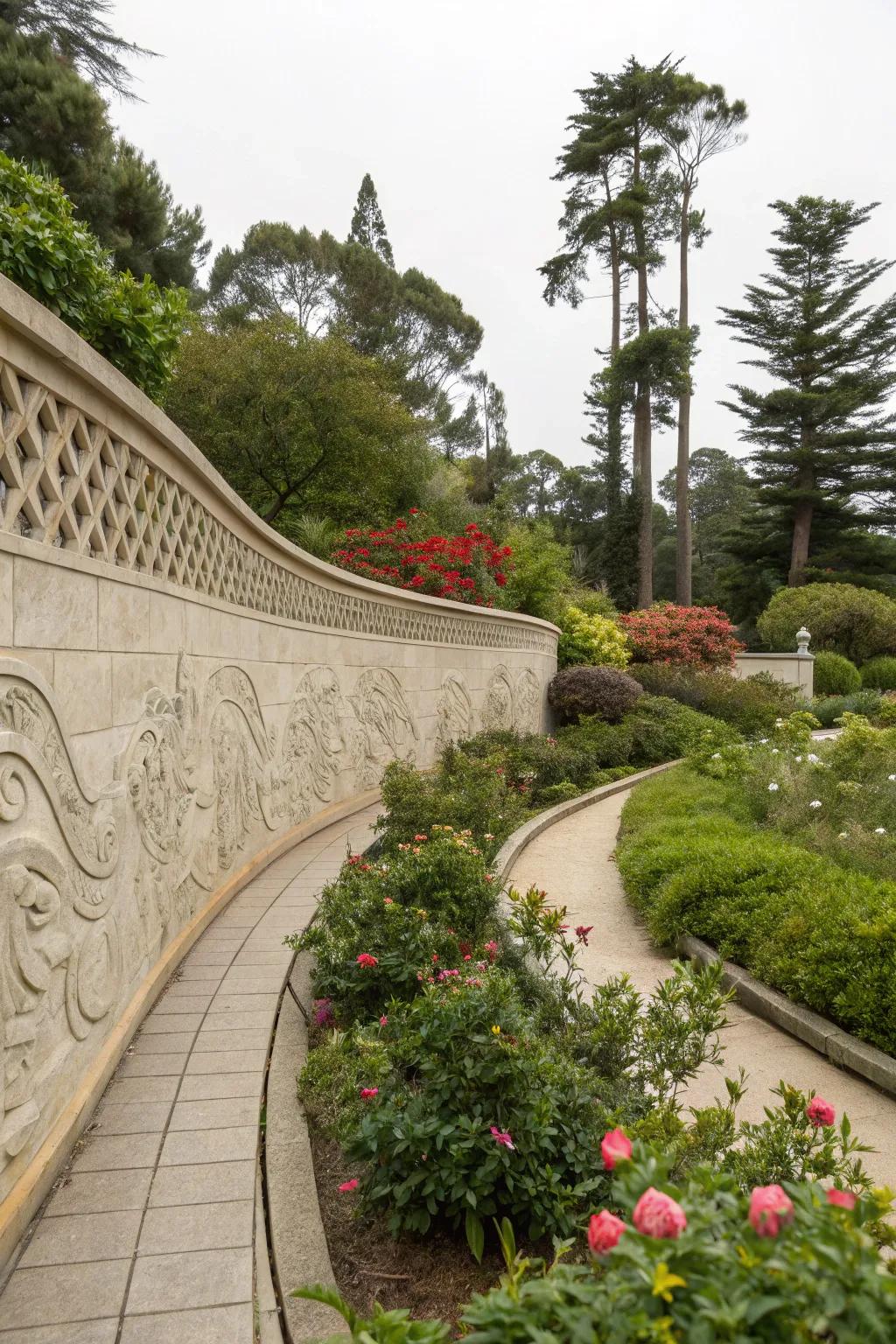 Sculptural stone walls add artistic flair to gardens.