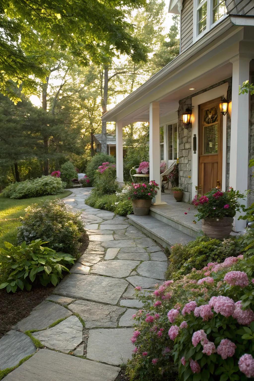 A stone pathway offers a welcoming journey to your home.