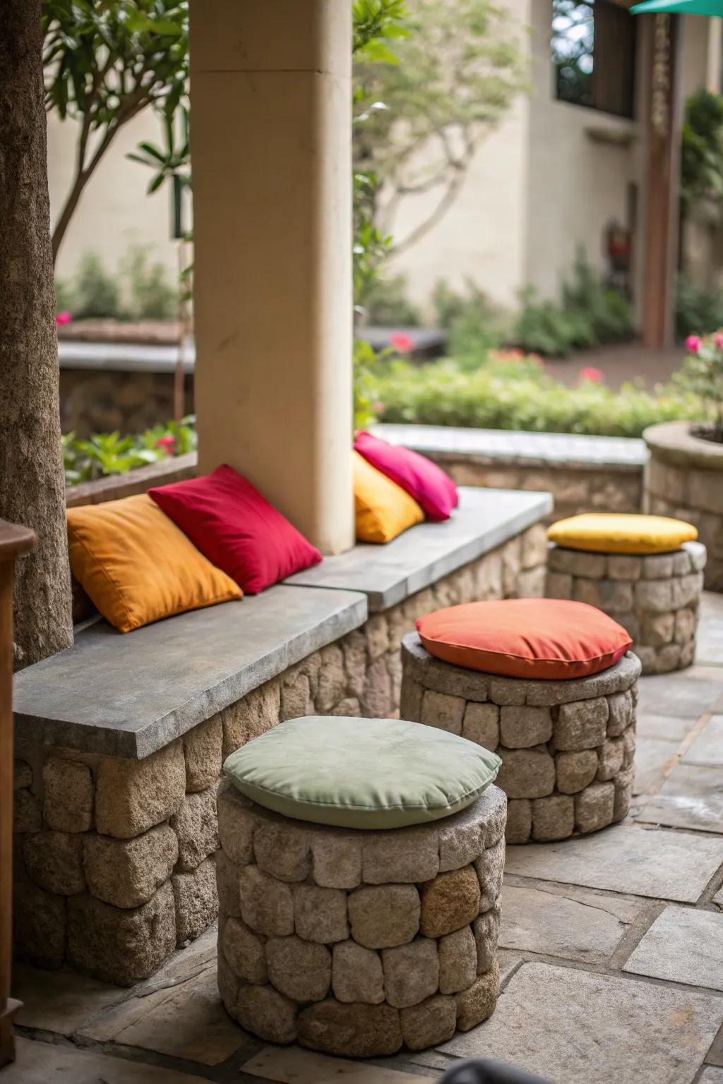 A cozy stone seating area perfect for relaxation.