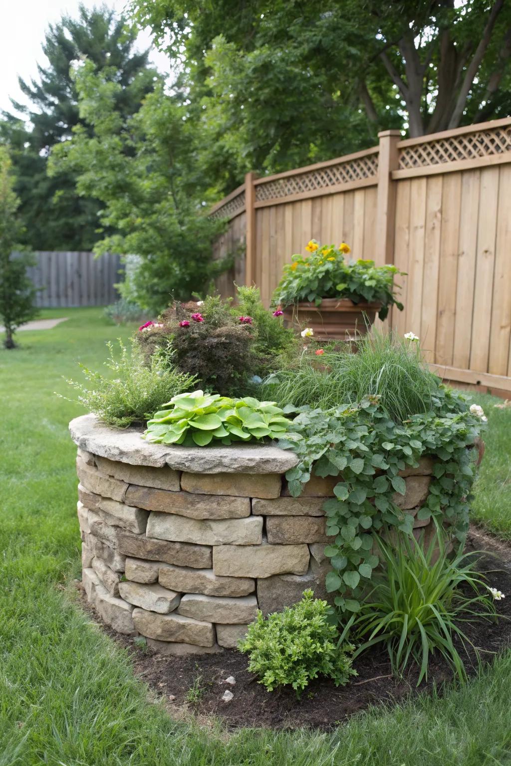 A rustic stacked stone planter adding character to the garden.