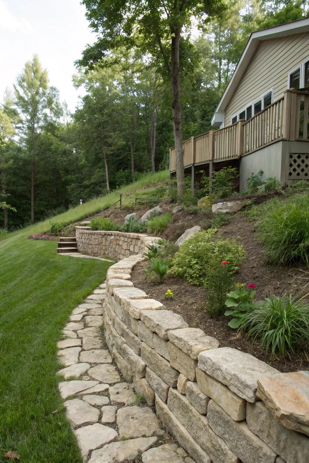 Retaining wall designed to complement the natural gradient of the landscape.