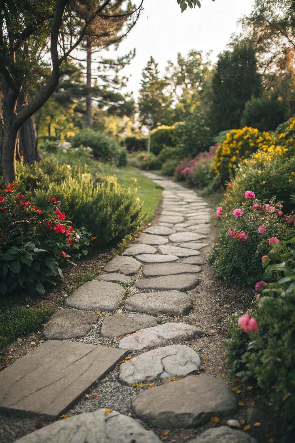 Stones define and enhance garden pathways.