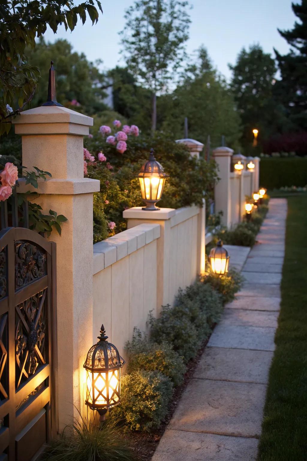 A stucco fence beautifully illuminated at night.