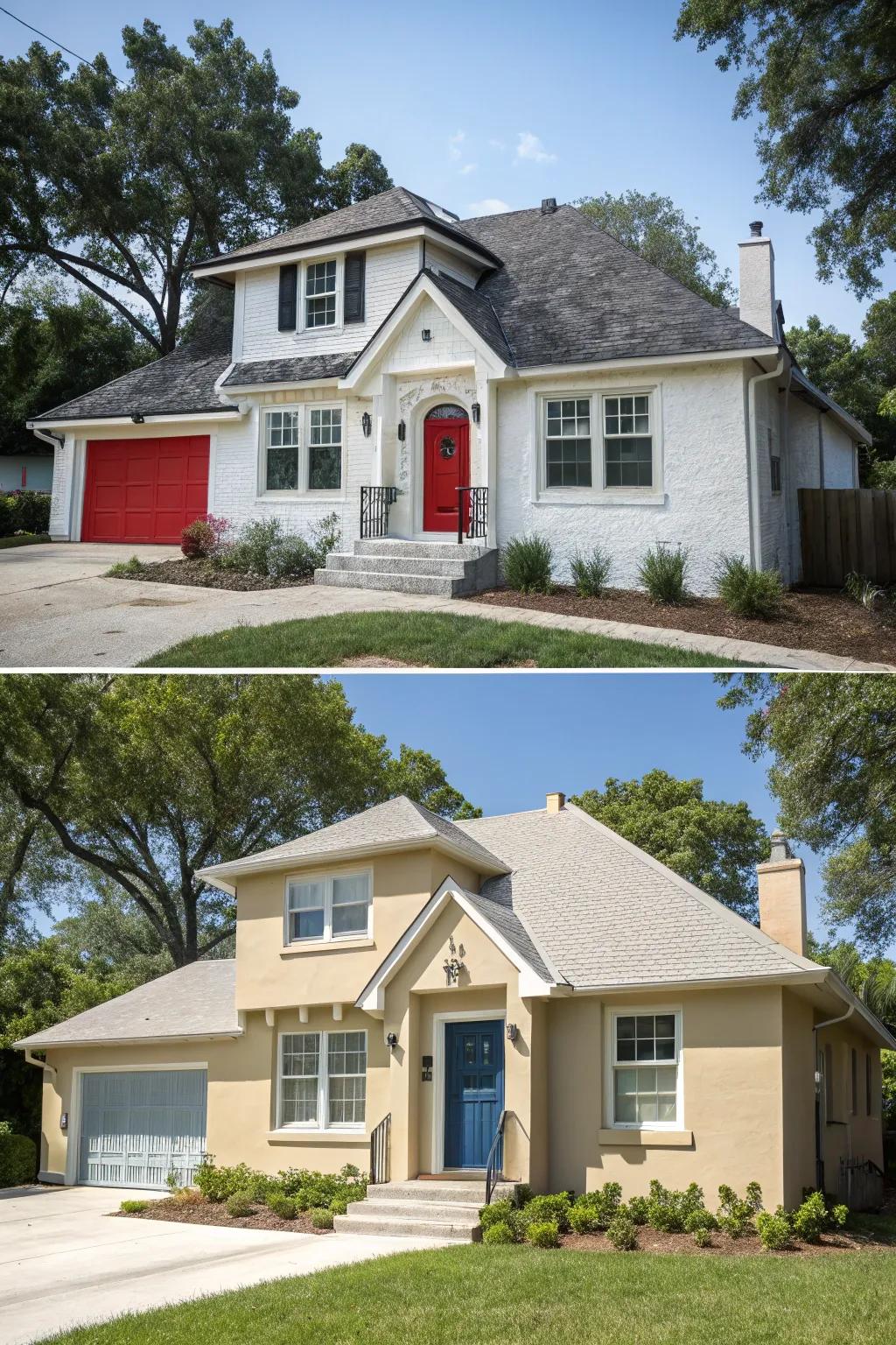 Stucco house with different roofing styles.