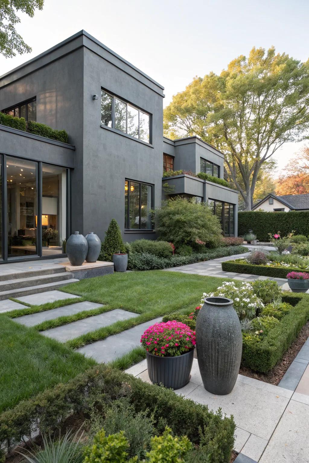 Charcoal stucco delivers a chic and modern aesthetic.