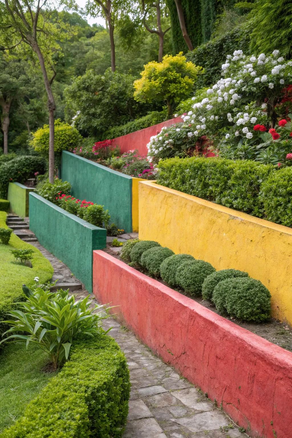 Colorful stucco walls create a cheerful garden environment.
