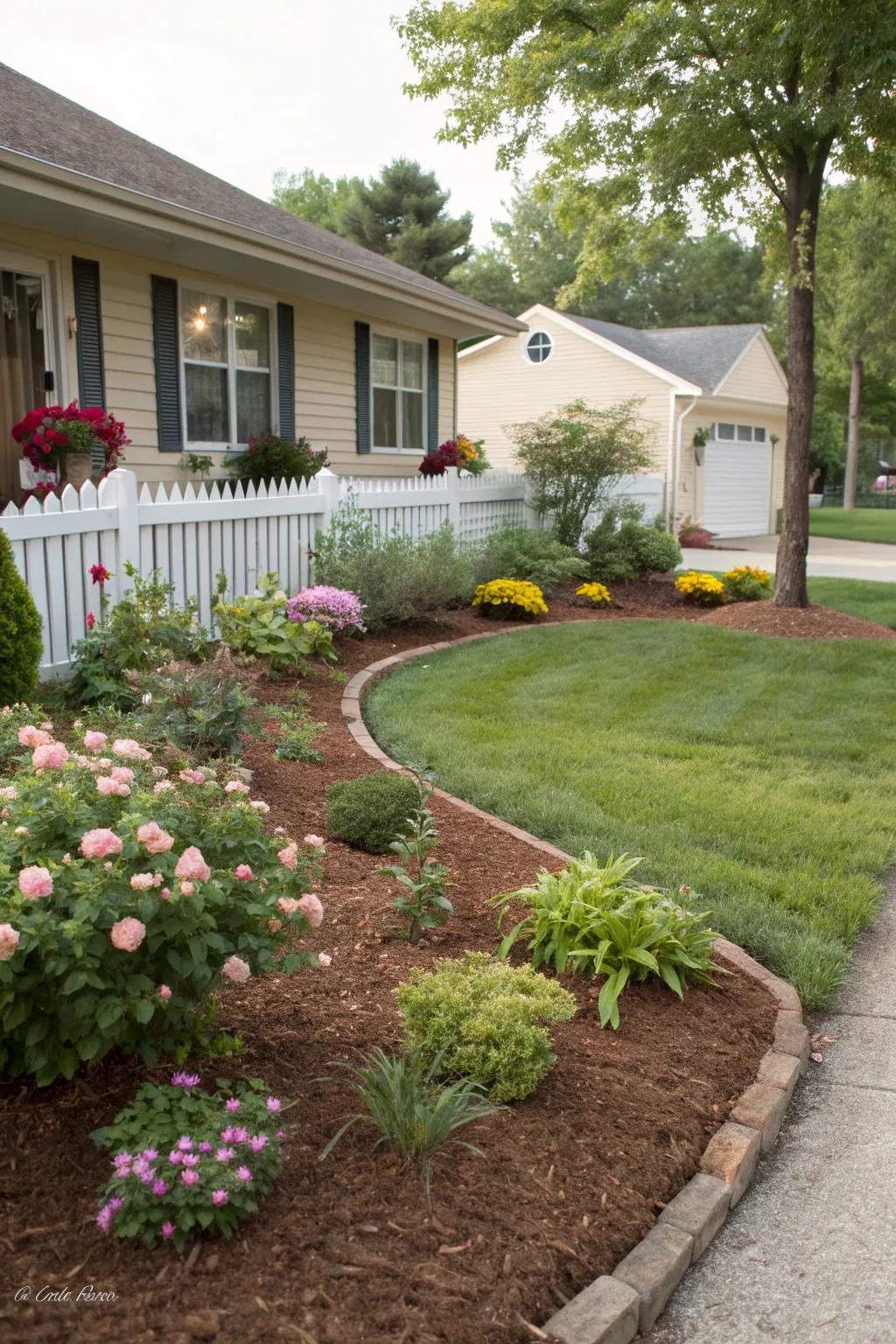 Mulch beds provide a neat and low-maintenance solution for this front yard.