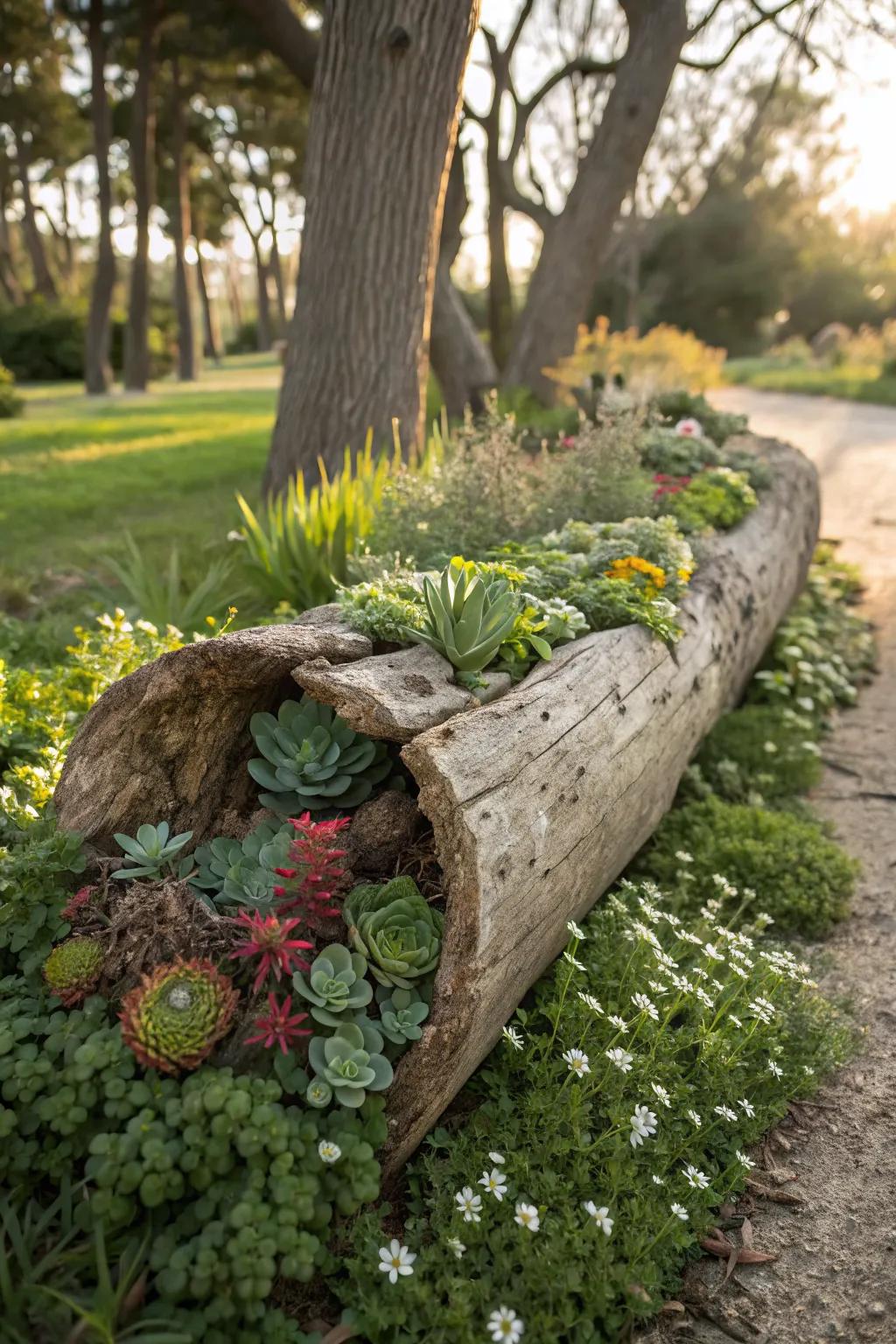 Hollow logs provide a rustic home for succulents