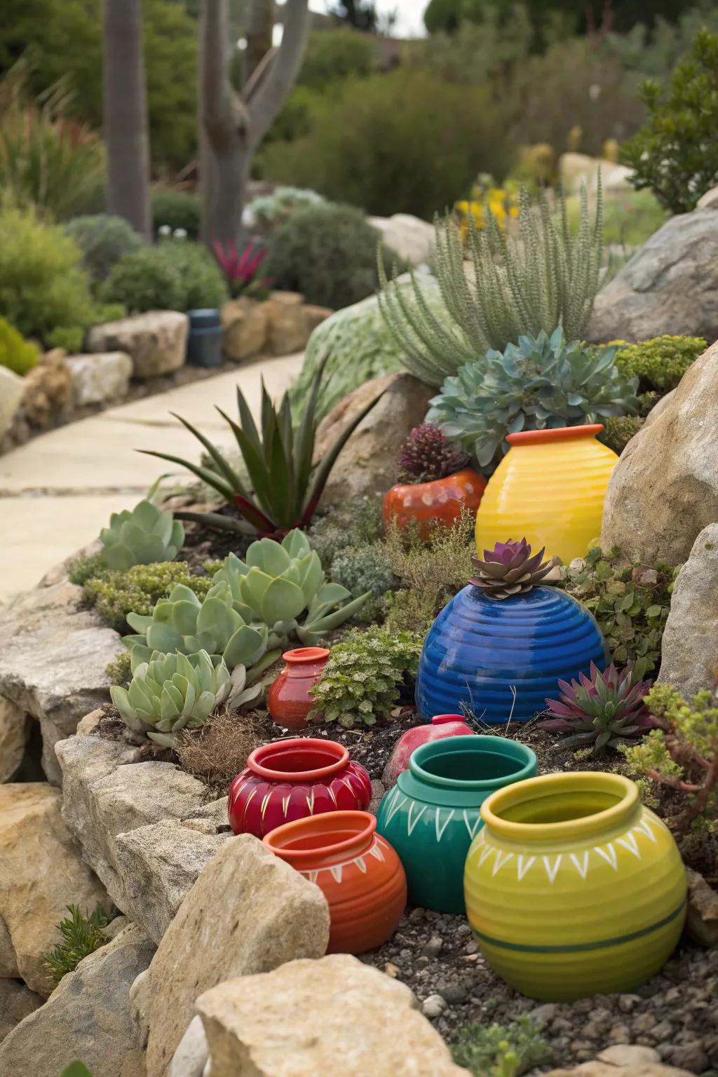Pottery adds a vibrant and personal touch to the garden.