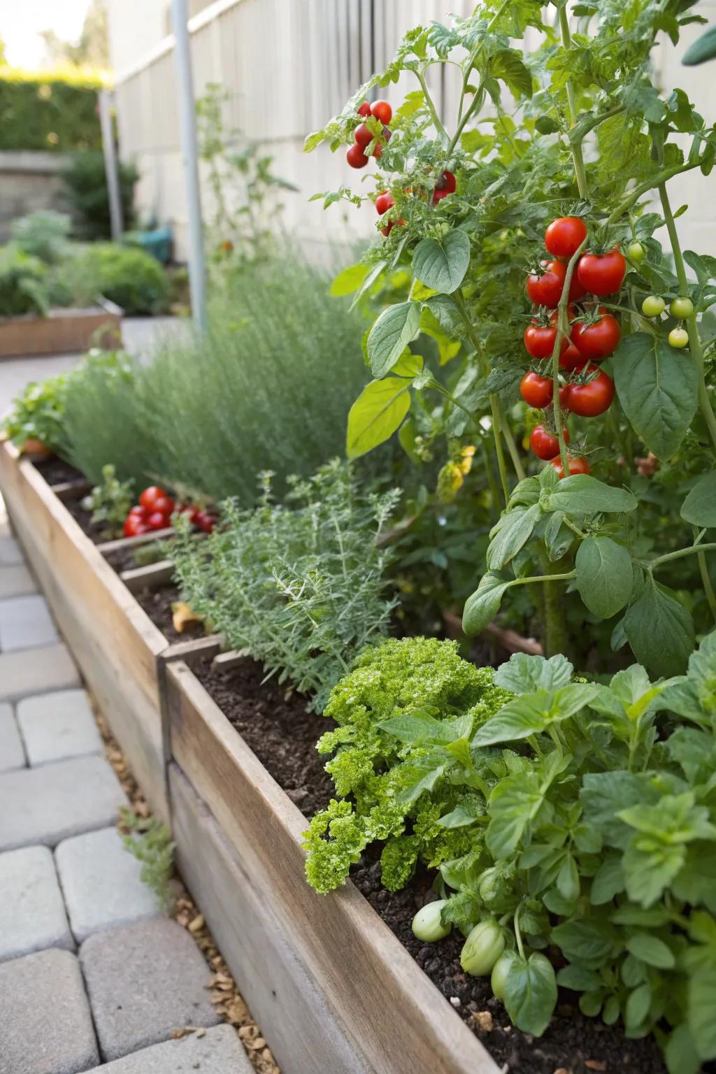 A garden bed brimming with fresh herbs and tomatoes