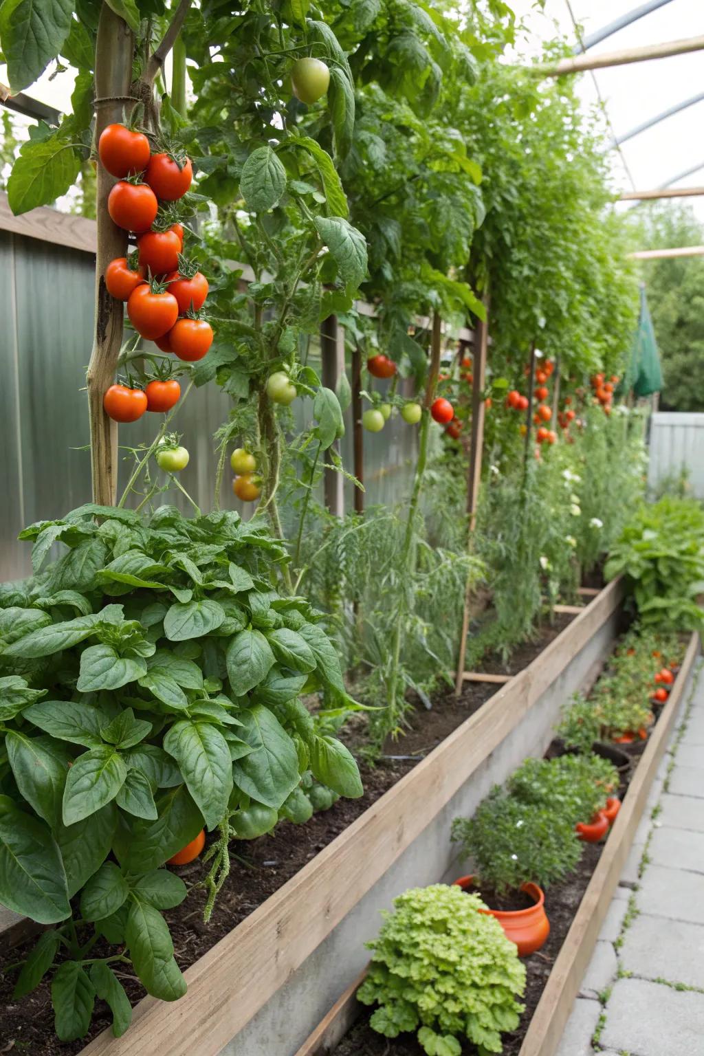 Tomatoes and basil thriving together with companion planting.