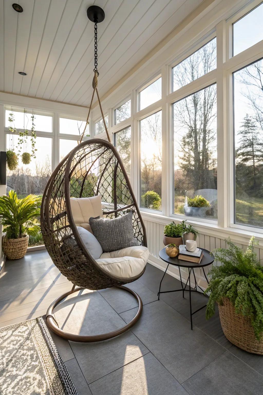 A hanging egg chair adds style and comfort to the sun porch.