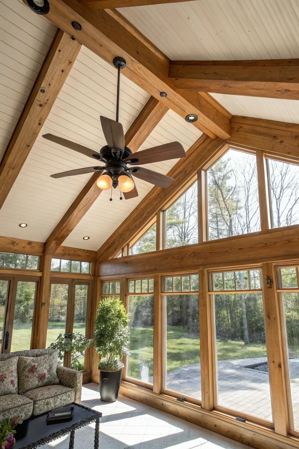 Ceiling features enhance the sunroom's character and comfort.