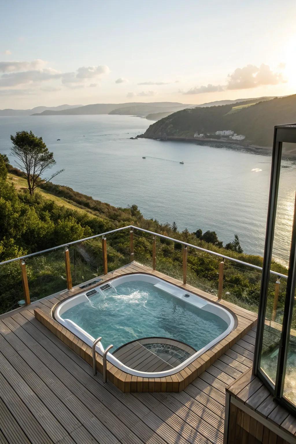A sunken hot tub with breathtaking water views.