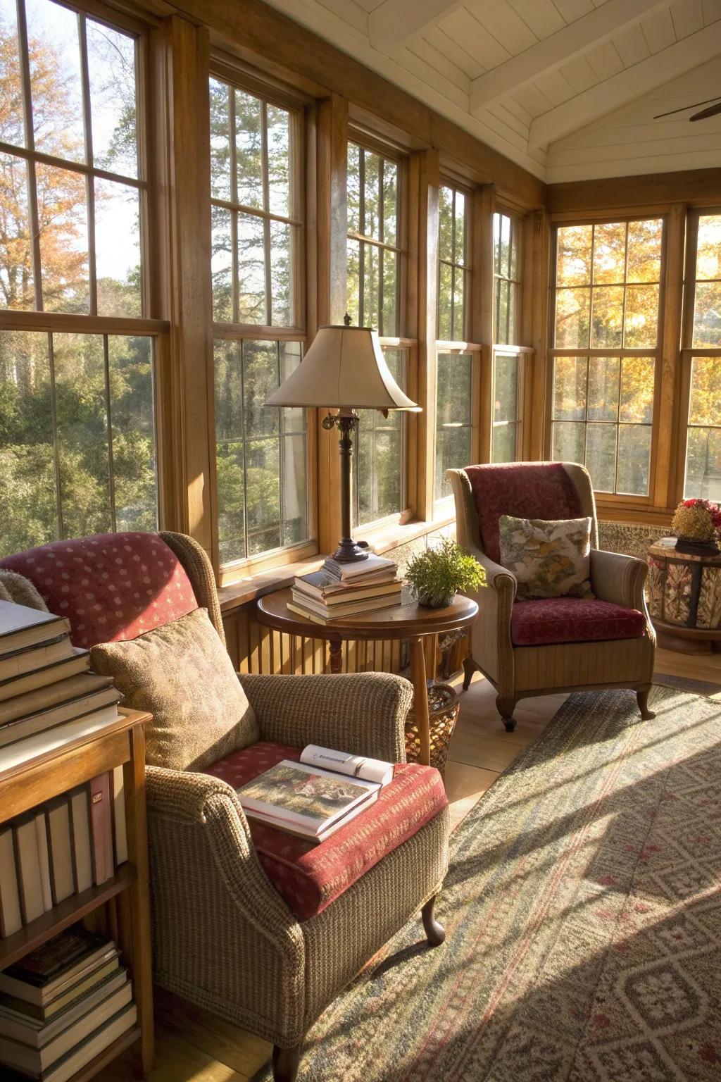 Plush armchairs create a cozy and inviting reading nook in this sunroom.